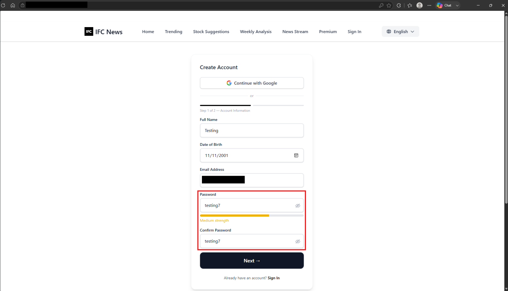 Sign-up Step 1 with password and confirmation fields filled before the user selects Next.
