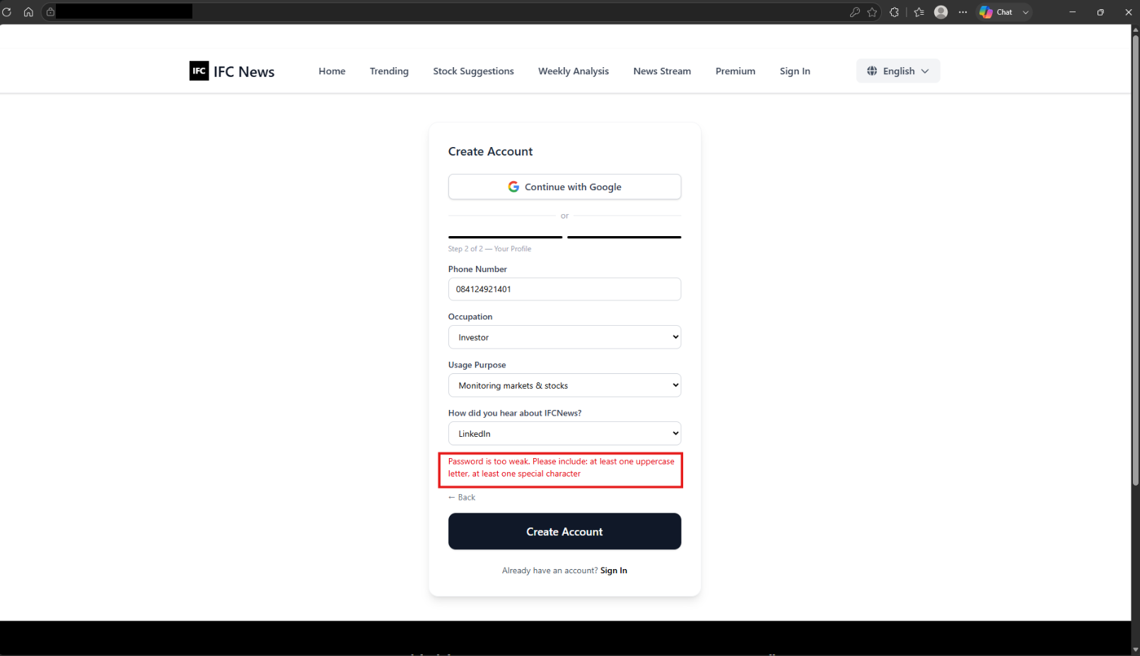 Sign-up Step 2 showing a password validation error after Create Account was selected.