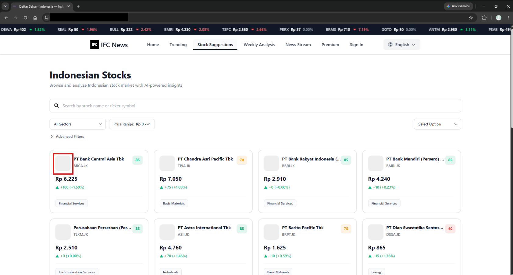 Stock suggestion cards with empty company-logo placeholders in Chrome.