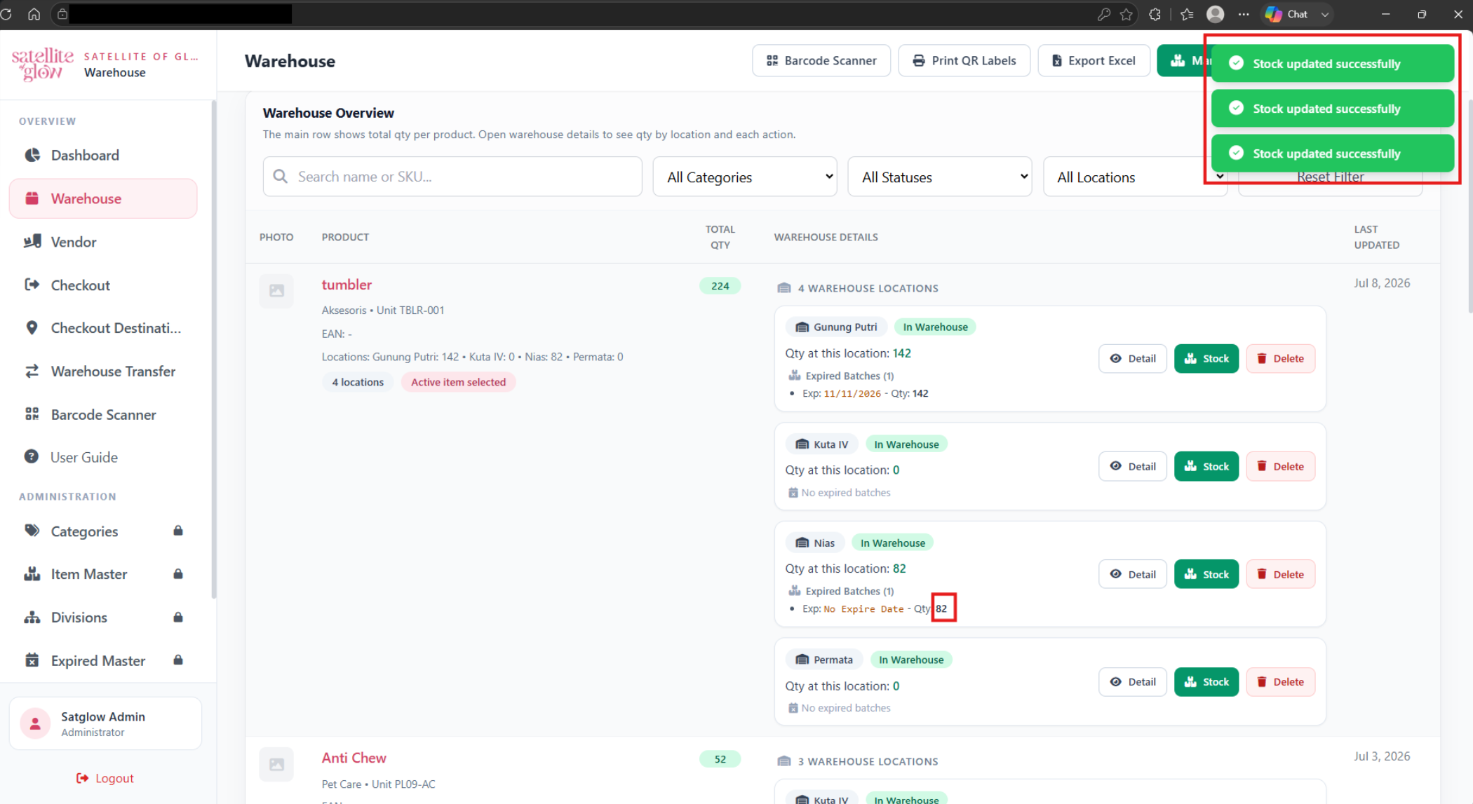 Warehouse page showing three duplicate stock-updated success notifications after repeated Save Stock clicks.