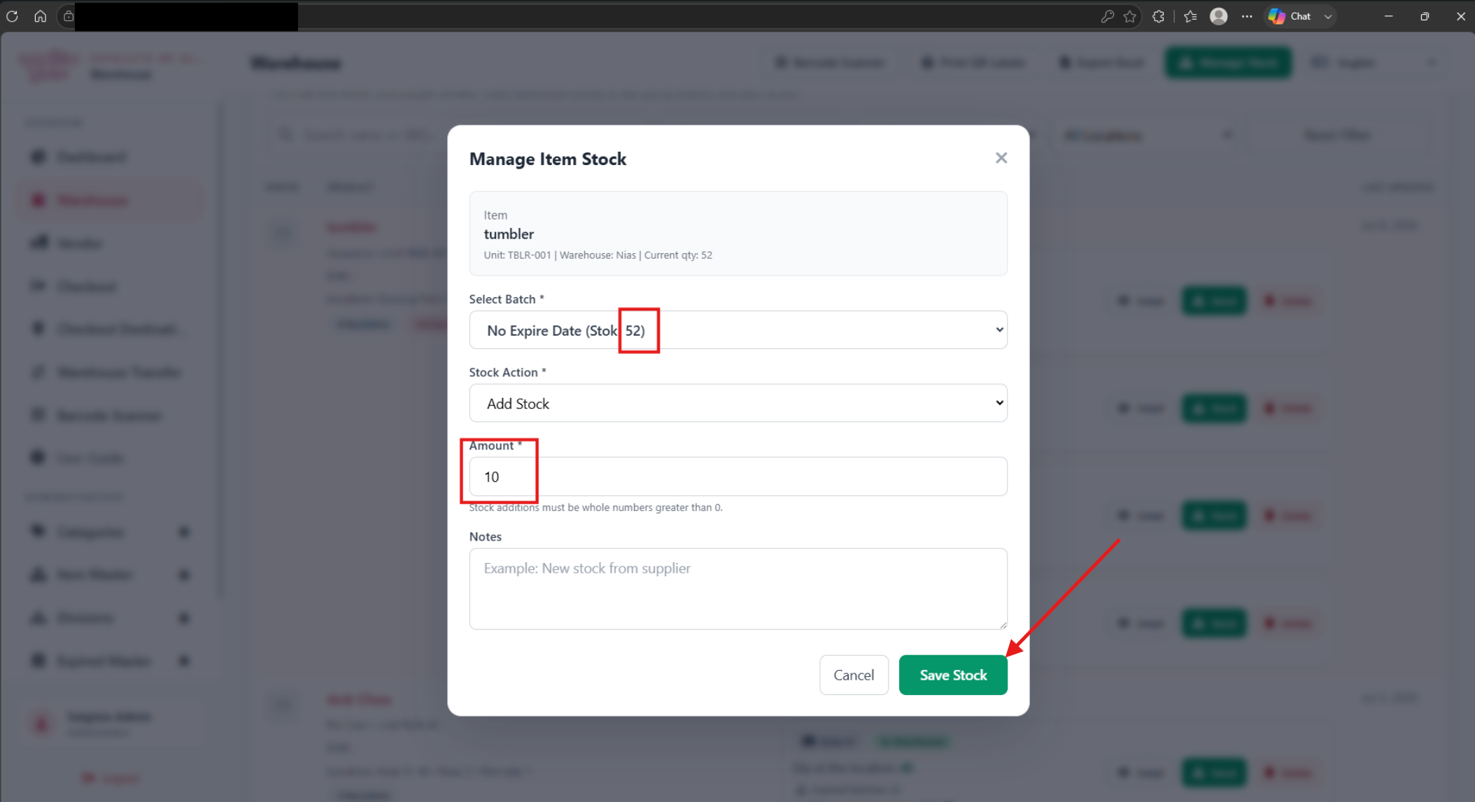 Manage Item Stock modal prepared to add 10 units to the selected batch, with Save Stock highlighted.